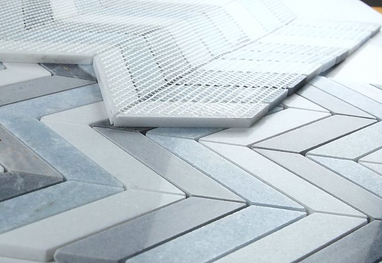 New | Herringbone | Blue, White & Gray | Mosaic Sheet Tile | Walls, Interior Floors & Showers