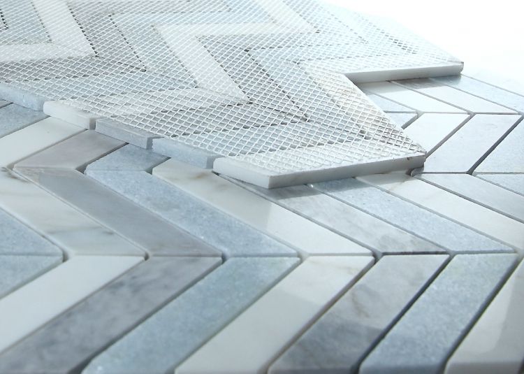 New | Herringbone | Blue, White & Gray | Mosaic Sheet Tile | Walls, Interior Floors & Showers
