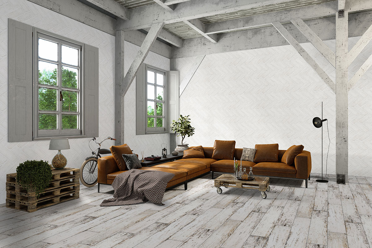 M - White Clay Herringbone Brick Mosaic Tile - Natural Finish