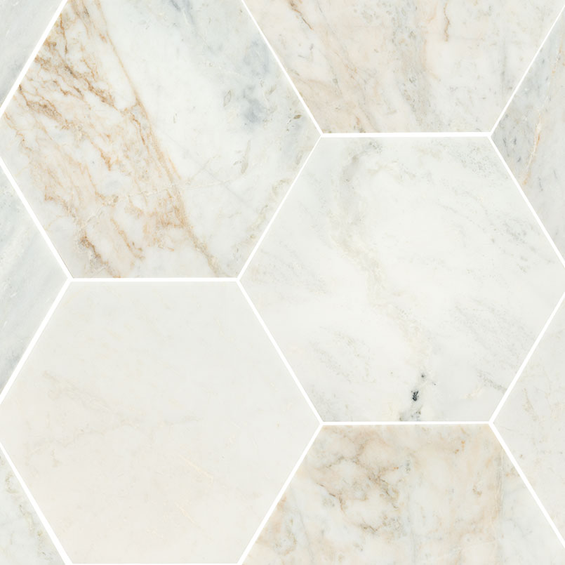 M - 8" Hexagon White Gold & Gray Marble Tile Flooring - Greenguard