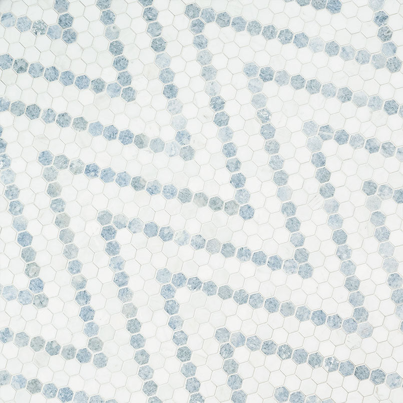 M - 1" Hexagon White & Blue Tile Flooring - Greenguard