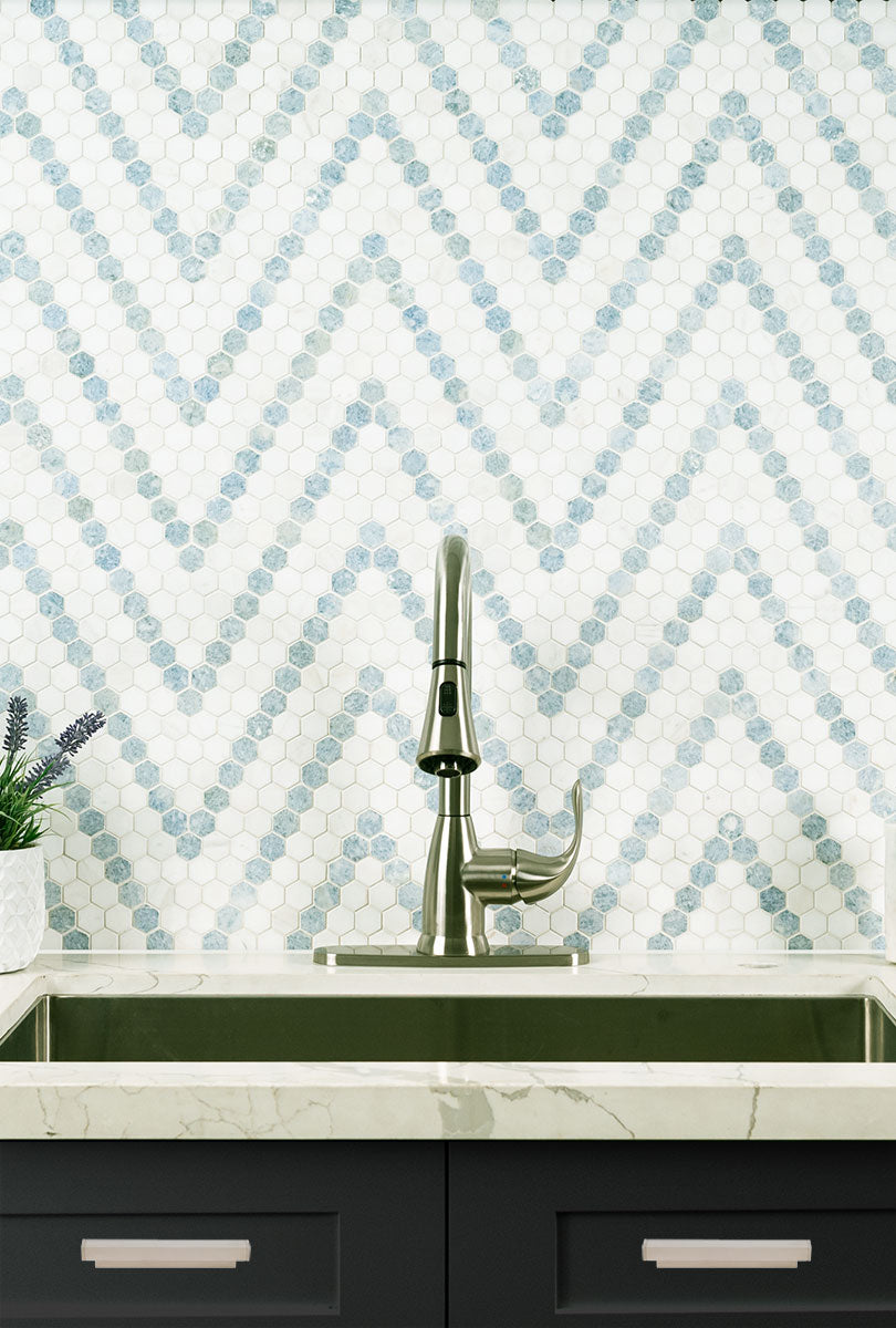M - 1" Hexagon White & Blue Tile Flooring - Greenguard