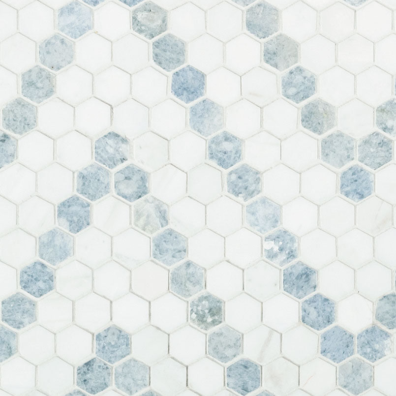 M - 1" Hexagon White & Blue Tile Flooring - Greenguard