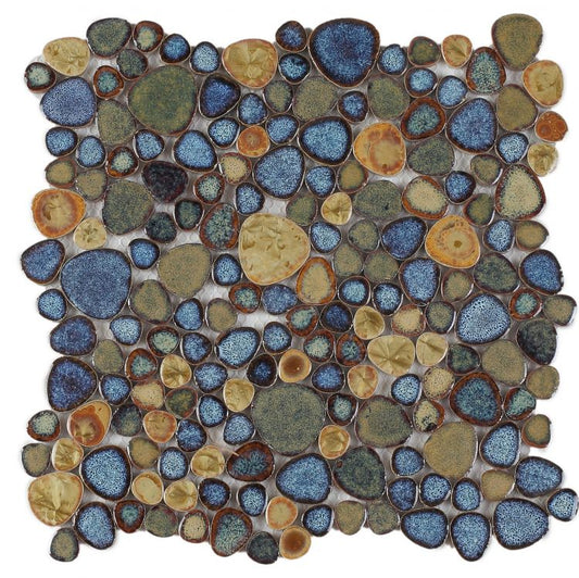 New | Pebble | Blue, Beige & Yellow | Mosaic Sheet Tile | Walls, Interior Floors, Showers, Pools & Pool Liners