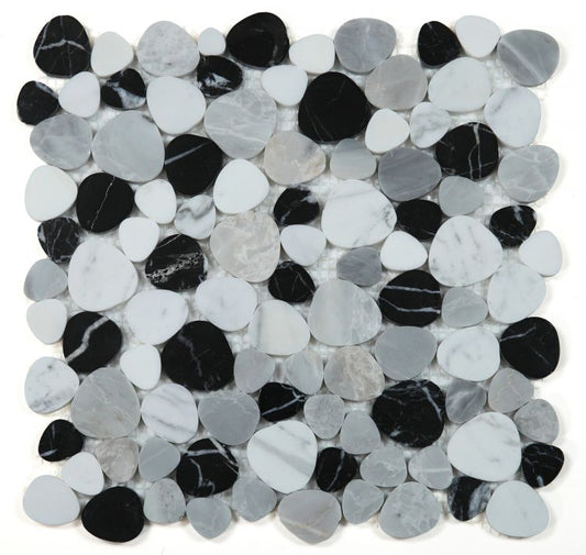 New | Pebble | White, Gray, & Black Marble | Mosaic Sheet Tile | Walls, Interior Floors, & Showers