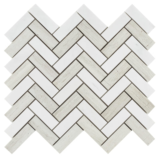 New | Herringbone | White & Gray | Mosaic Sheet Tile | Walls, Interior Floors & Showers