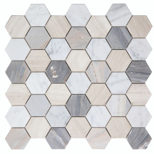 New | Hexagon | Blue, Gray & White | Mosaic Sheet Tile | Walls, Interior Floors & Showers