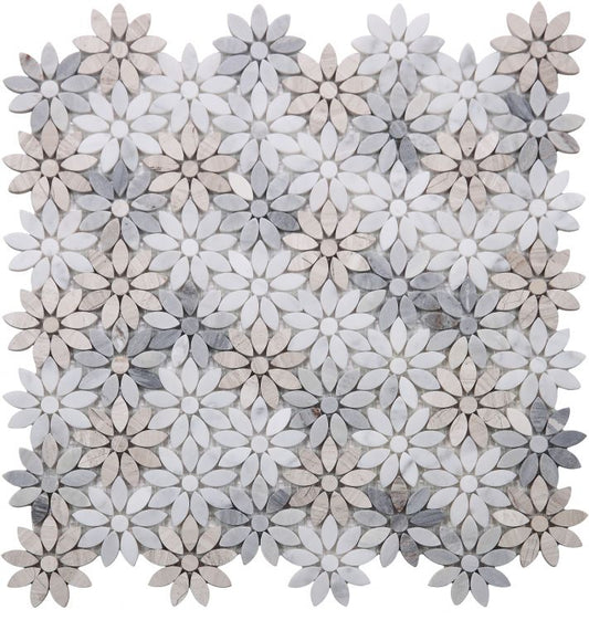 New | Flower | Blue, Gray & White | Mosaic Sheet Tile | Walls, Interior Floors & Showers