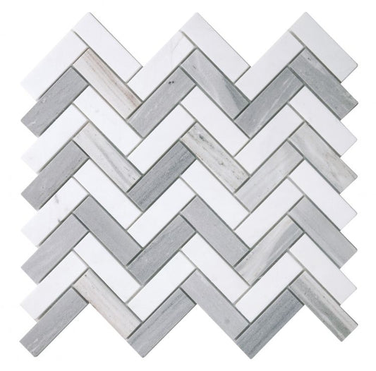 New | Herringbone | Blue, White & Gray | Mosaic Sheet Tile | Walls, Interior Floors & Showers