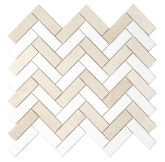 New | Herringbone | Beige & White | Mosaic Sheet Tile | Walls, Interior Floors & Showers