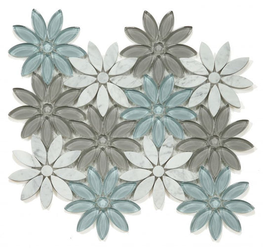 New | Flower | Blue, White & Gray | Mosaic Sheet Tile | Walls, Interior Floors & Showers