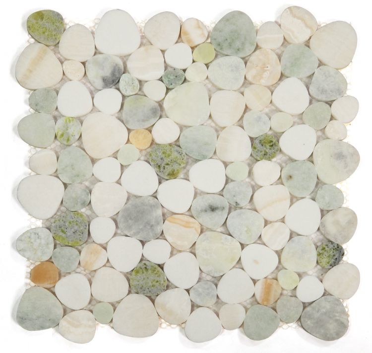 BLOW OUT | 3 sheets or 3 SF of Pebble | Green, White, & Yellow | Mosaic Sheet Tile | Walls, Interior Floors & Showers