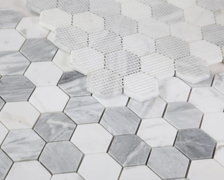 New | Hexagon | Gray & White | Mosaic Sheet Tile | Walls, Interior Floors & Showers