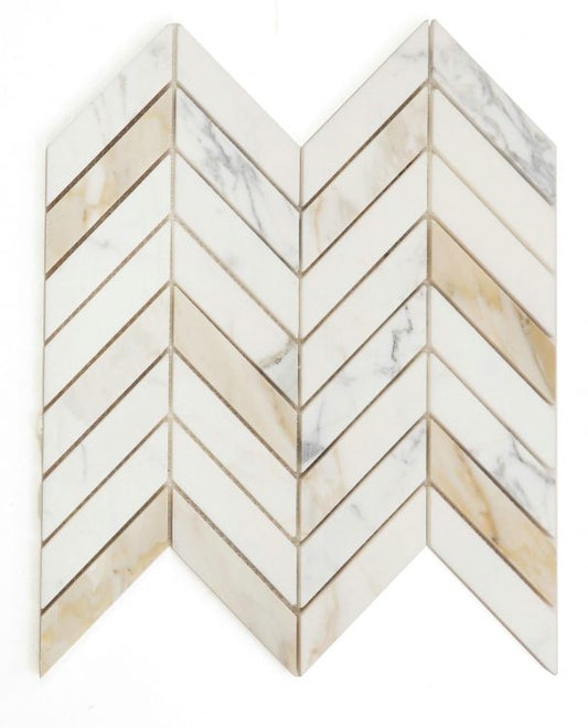 New | Herringbone | White & Gold Polished | Mosaic Sheet Tile | Walls, Interior Floors & Showers