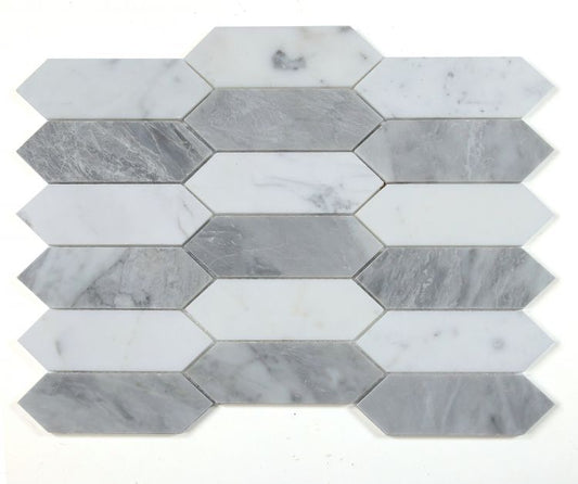 New | Elongated Hexagon | Gray & White | Mosaic Sheet Tile | Walls, Interior Floors & Showers