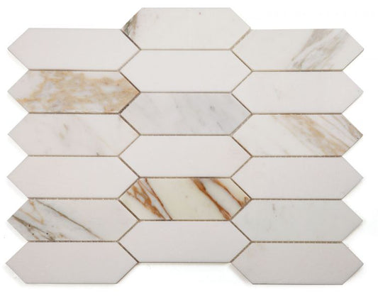 New | Elongated Hexagon | White & Gold | Mosaic Sheet Tile | Walls, Interior Floors & Showers