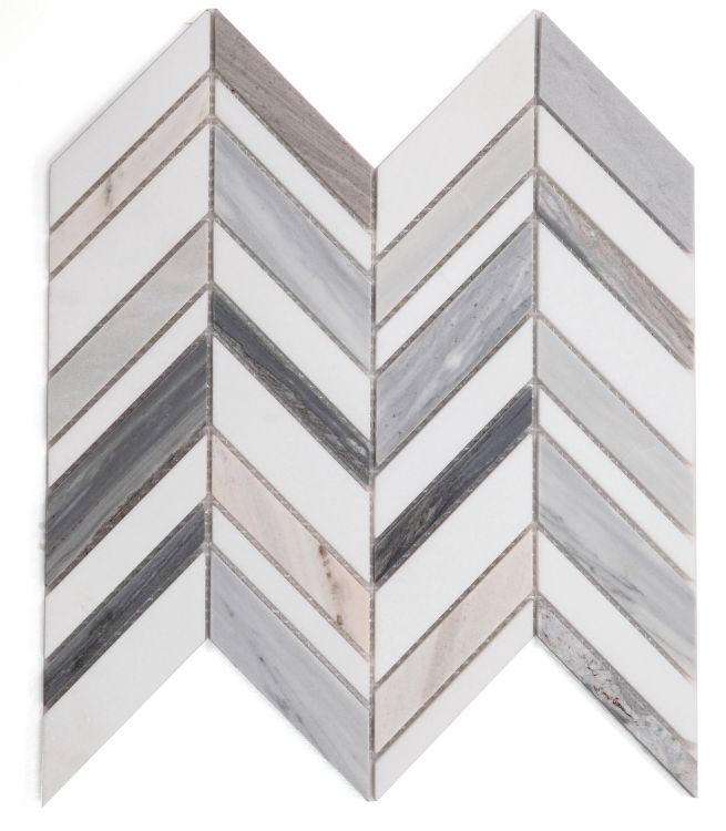 New | Herringbone | Blue, Gray & White | Mosaic Sheet Tile | Walls, Interior Floors & Showers