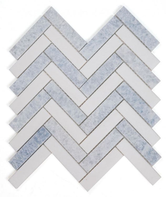 New | Herringbone | Blue & White | Mosaic Sheet Tile | Walls, Interior Floors & Showers