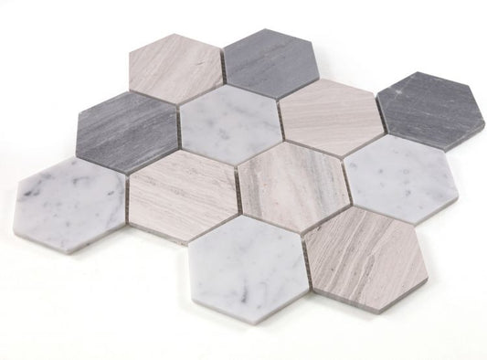 New | Hexagon | Blue, Gray & White | Mosaic Sheet Tile | Walls, Interior Floors & Showers