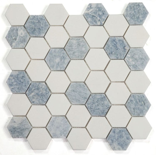 New | Hexagon | Blue & White | Mosaic Sheet Tile | Walls, Interior Floors & Showers