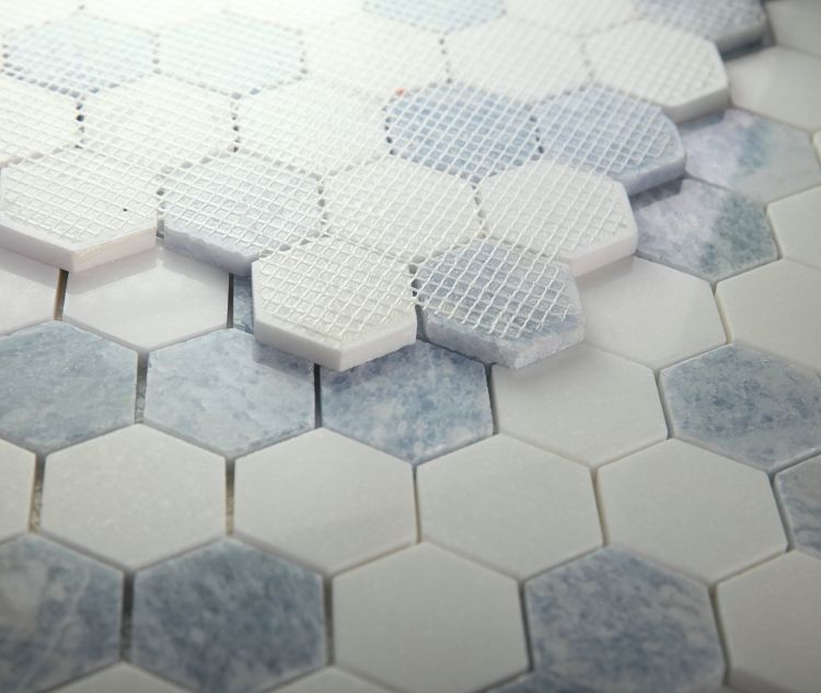 New | Hexagon | Blue & White | Mosaic Sheet Tile | Walls, Interior Floors & Showers