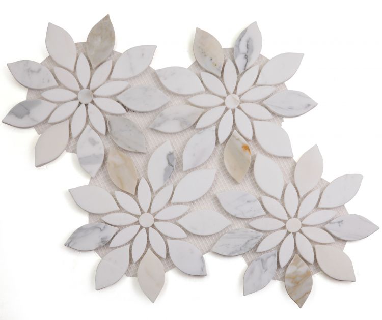 New | Flower | White & Gold | Mosaic Sheet Tile | Walls, Interior Floors & Showers