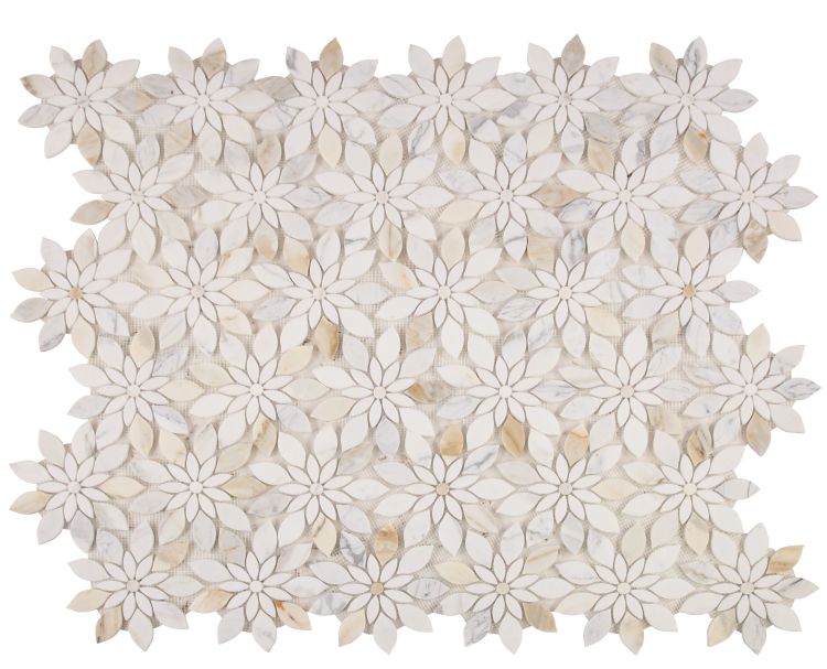 New | Flower | White & Gold | Mosaic Sheet Tile | Walls, Interior Floors & Showers