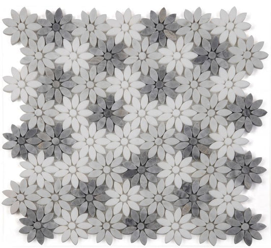 New | Flower | Gray & White | Mosaic Sheet Tile | Walls, Interior Floors & Showers