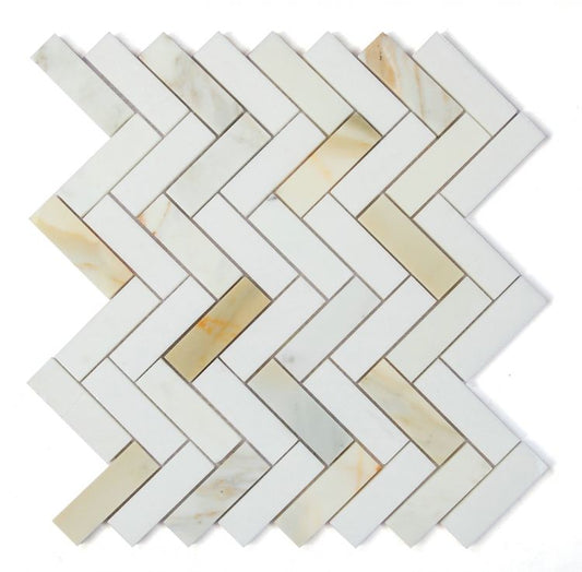 New | Herringbone | White & Gold Polished | Mosaic Sheet Tile | Walls, Interior Floors & Showers