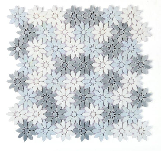 New | Flower | Blue, Gray & White | Mosaic Sheet Tile | Walls, Interior Floors & Showers