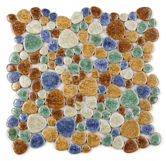 New | Pebble | Beige, Red & Blue | Mosaic Sheet Tile | Walls, Floors, Showers, Pools & Pool Liners