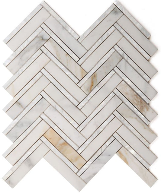 New | Herringbone | White & Gold | Mosaic Sheet Tile | Interior Walls & Shower Walls