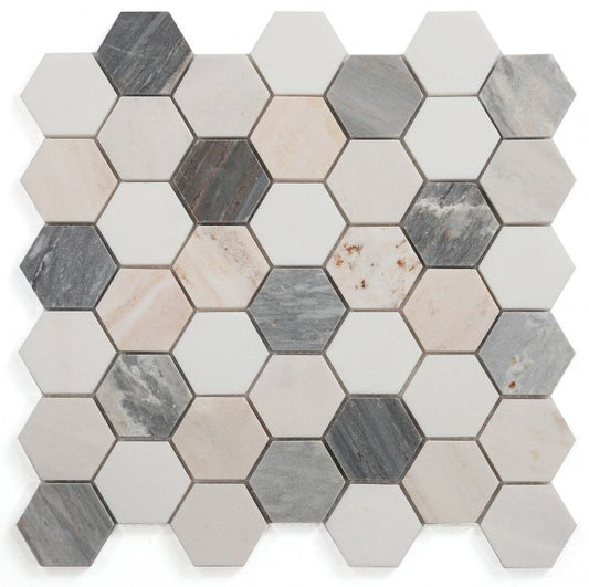 New | Hexagon | Blue, White & Beige | Mosaic Sheet Tile | Walls, Interior Floors & Showers