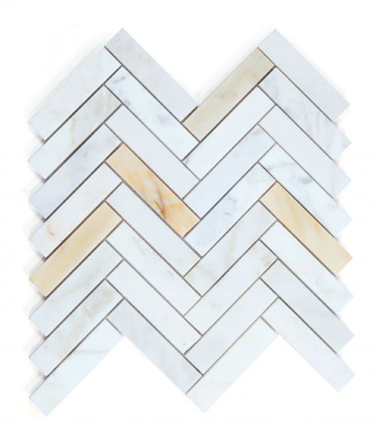 New | Herringbone | White & Gold | Mosaic Sheet Tile | Walls, Interior Floors & Showers