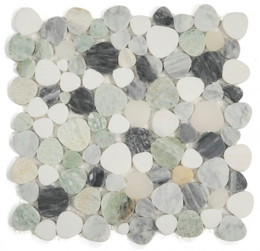 New | Pebble | White, Green, & Grey | Mosaic Sheet Tile | Walls, Interior Floors, & Showers