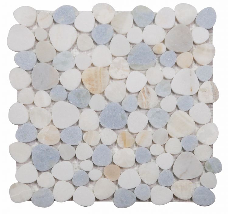New | Pebble | White, Blue, & Tan | Mosaic Sheet Tile | Walls, Interior Floors, & Showers