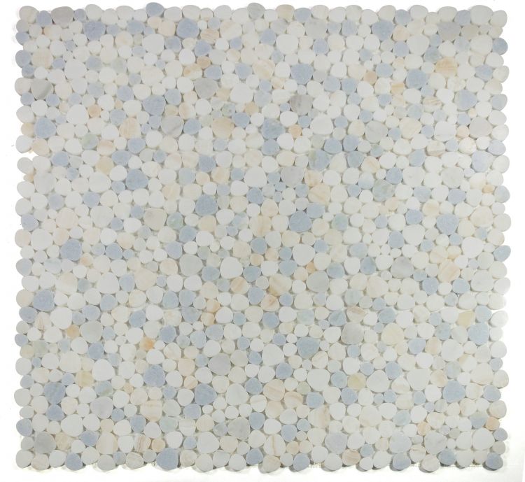 New | Pebble | White, Blue, & Tan | Mosaic Sheet Tile | Walls, Interior Floors, & Showers