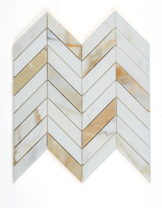 New | Herringbone | White & Gold Honed | Mosaic Sheet Tile | Walls, Interior Floors & Showers