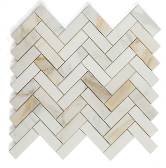 New | Herringbone | White & Gold | Mosaic Sheet Tile | Walls, Interior Floors & Showers