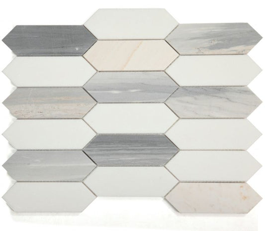 New | Elongated Hexagon | White, Gray & Beige | Mosaic Sheet Tile | Walls, Interior Floors & Showers