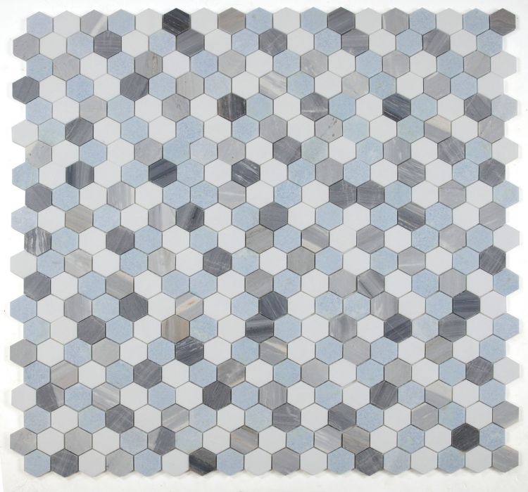 New | Hexagon | Gray, Blue & White | Mosaic Sheet Tile | Walls, Interior Floors & Showers