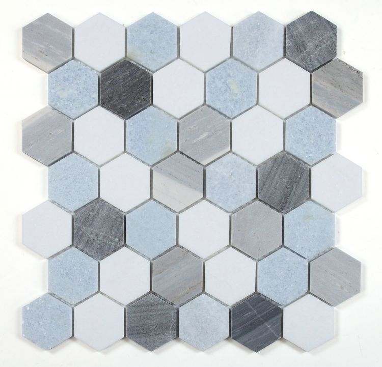 New | Hexagon | Gray, Blue & White | Mosaic Sheet Tile | Walls, Interior Floors & Showers