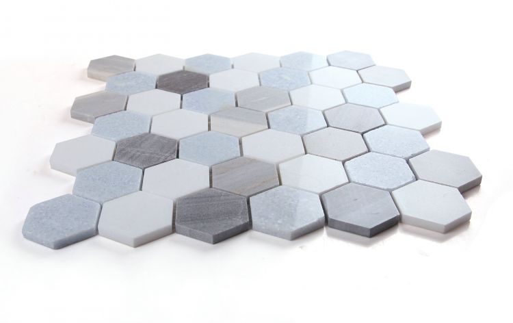 New | Hexagon | Gray, Blue & White | Mosaic Sheet Tile | Walls, Interior Floors & Showers