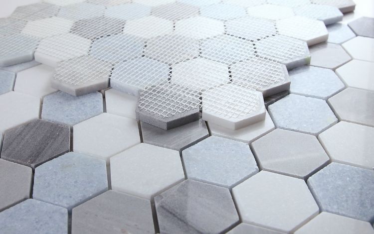 New | Hexagon | Gray, Blue & White | Mosaic Sheet Tile | Walls, Interior Floors & Showers