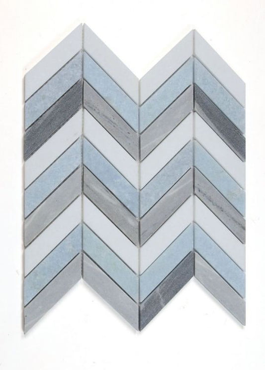 New | Herringbone | Blue, White & Gray | Mosaic Sheet Tile | Walls, Interior Floors & Showers