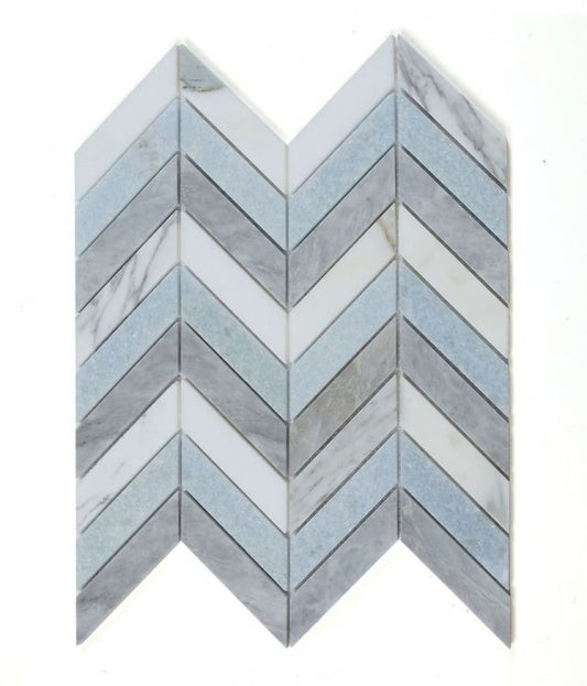 New | Herringbone | Blue, White & Gray | Mosaic Sheet Tile | Walls, Interior Floors & Showers