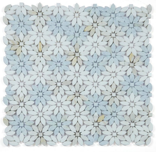 New | Flower | Blue, White & Gold | Mosaic Sheet Tile | Walls, Interior Floors & Showers