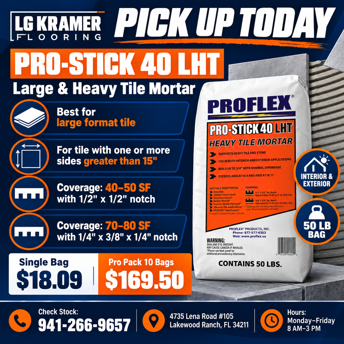 PICK UP TODAY | PROFLEX PRO-STICK 40 LHT  50 lb Large Format Tile Mortar | Contractor Supply