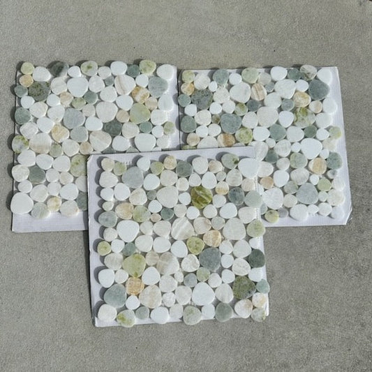 BLOW OUT | 3 sheets or 3 SF of Pebble | Green, White, & Yellow | Mosaic Sheet Tile | Walls, Interior Floors & Showers