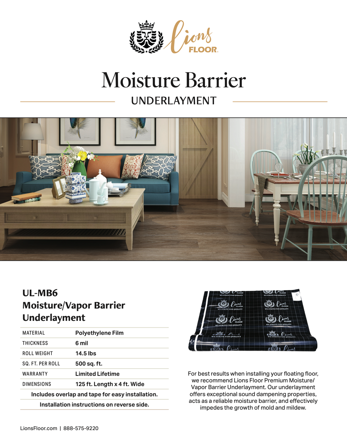 A product informational sheet for Lions Floor Moisture Barrier Underlay. The top half shows a furnished living room with wood flooring installed, and the bottom half contains product specs, a roll of the underlay, and descriptive text on a white background.   Available for pick up at LGK Floors in Lakewood Ranch Florida for Contractor supplies house